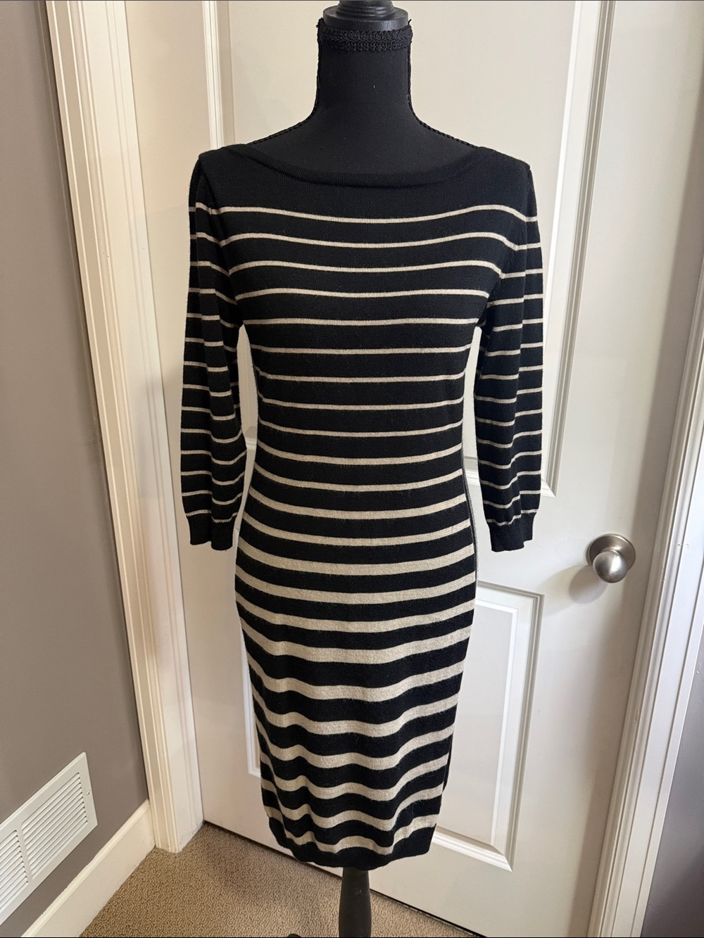 Ann Taylor Black and White Striped Long Sleeve Knit Dress